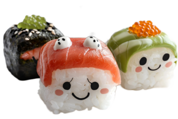 Adorable and Whimsical Sushi Sushi Characters with Playful Faces, Featuring Smiling Expressions, Colorful Toppings, and Various Types of Sushi Including Rolls and Nigiri