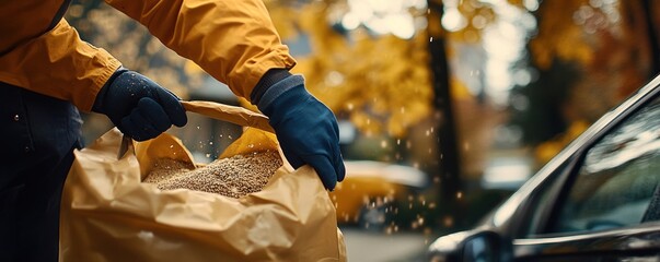 Autumn delivery Person pouring grain into bag, street background, food delivery