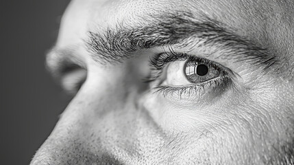 close up of man eye, showcasing detailed eyelashes and skin texture, evokes sense of intensity and focus