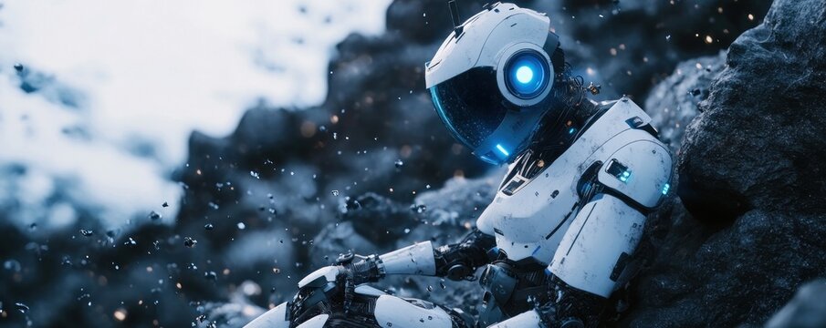 Robot sits amidst debris; futuristic landscape; science fiction film still