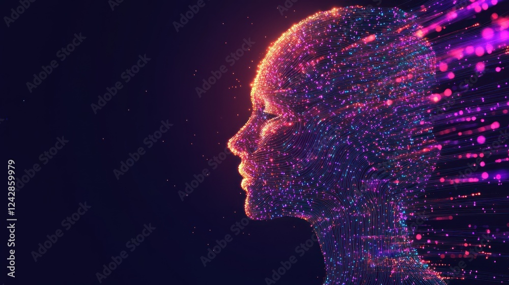Poster luminous digital head profile emerging from light streams