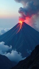 Dark mist rises from a volcanic mountain peak, peak, volcano