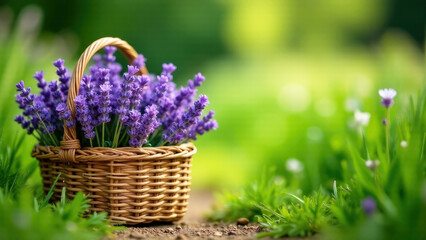 Fototapeta premium A wicker square straw basket full of lavender flowers stands on a field path on the left, with space for text