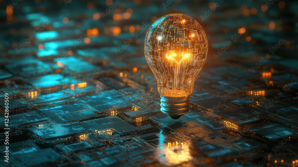 Poster illuminated lightbulb rests upon a circuit board
