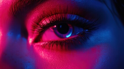 Close-up eye, neon light, studio, beauty, advertising