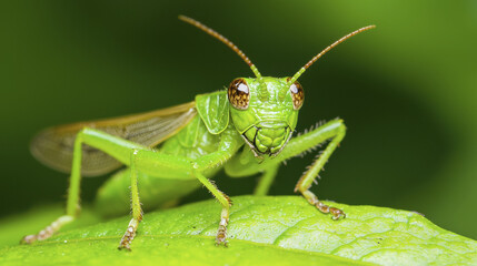 macro image of green grasshopper perched on vibrant green leaf, showcasing intricate details and textures
