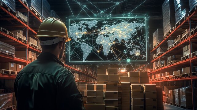 Worker in a warehouse with global network overview. - Powered by Adobe
