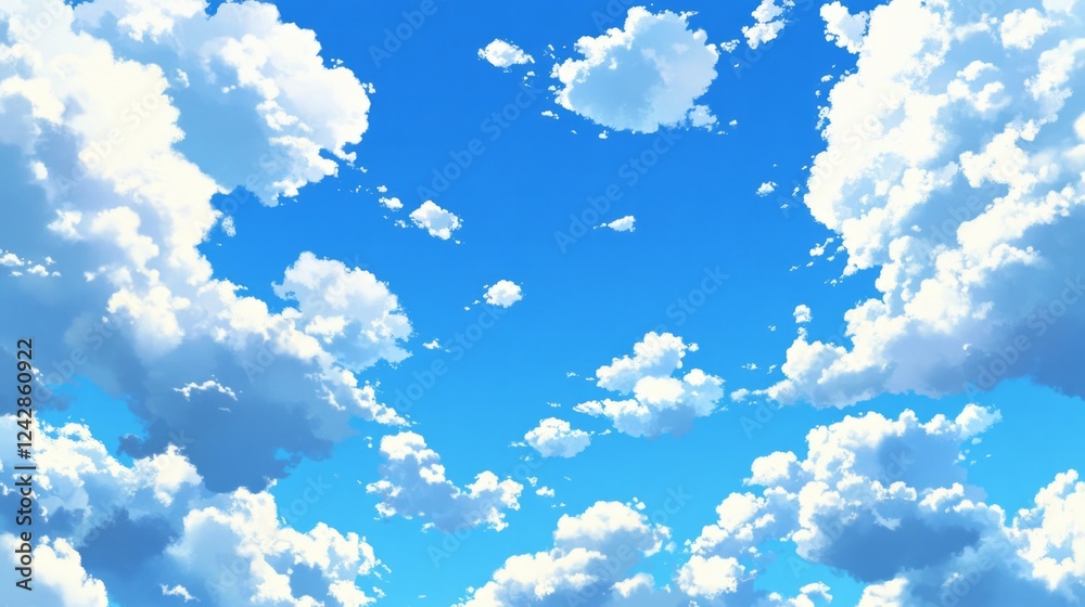 Poster fluffy white clouds float gracefully in a clear blue sky, creating a picturesque backdrop. this tran
