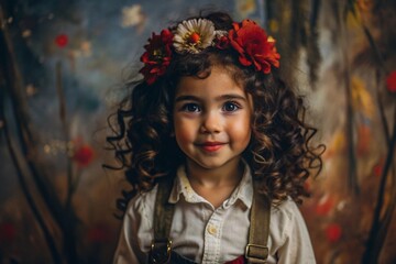 Fototapeta premium A close-up portrait of a beautiful little curly-haired dark-haired girl with a floral tiara or a wreath of red flowers on her head.