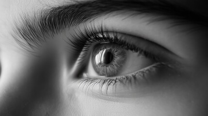 Close-up monochrome eye gazing, soft light, blurred background, hope concept