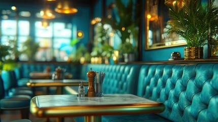Fototapeta premium Stylish teal cafe interior, tables, plants. Possible use Stock photo