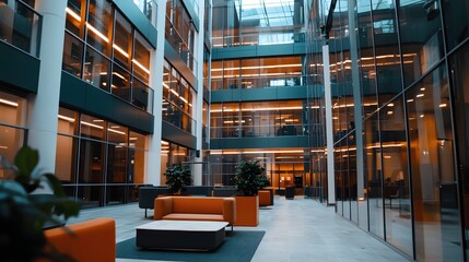 Fototapeta premium Modern Office Building Atrium Interior Design Warm Lighting Comfortable Seating Area