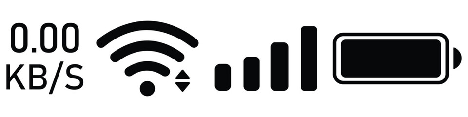 Wi-fi icon, Battery icon, Internet icon, vector set. charging status symbol, Status bar for phone. Vector illustration. 