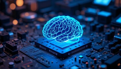 Futuristic Glowing Brain on Circuit Board Representing Artificial Intelligence.