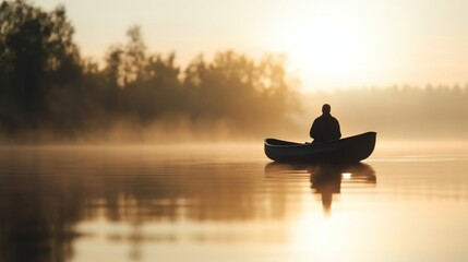 Man canoeing sunrise misty lake peaceful dawn
