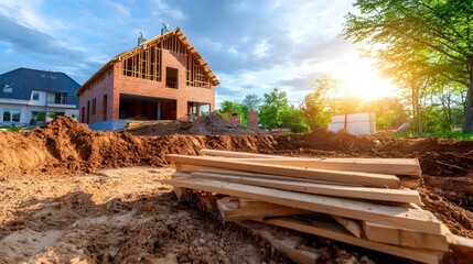 New Home Construction Brick House Under Construction Sunny Day