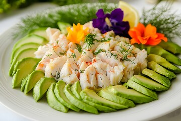 sałatka, awokado, krab, delikatne jedzenie, wykwintne danie, zdrowe składniki, fine dining, jadalne kwiaty, sałatka na talerzu, elegancka prezentacja, krewetki, aioli, citrusowy dressing, elegancka ku