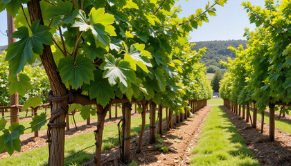 Twisting grapevines basking in sunlight, vineyard beauty