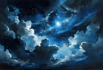 Obraz premium Night Sky Painting Moonlit Clouds, Stars, and Celestial Dreamscape