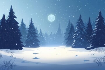 Obraz premium a serene winter wonderland at twilight, pristine snow-covered forest with tall evergreens, moonlight casting blue shadows, mist rising between trees, crystalline snowflakes sparkling