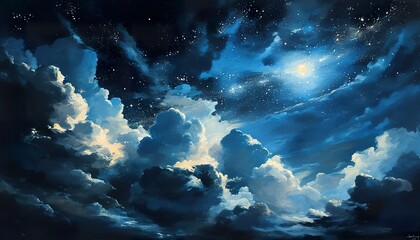 Fototapeta premium Night Sky Painting Moonlit Clouds, Stars, and Celestial Dreamscape