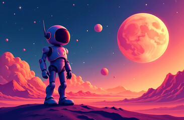 Obraz premium Illustration of humanoid robot on space planet picture. AI Generative