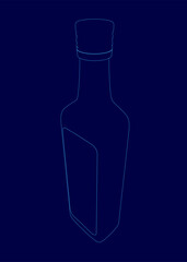 A bottle is shown in a blue background. The bottle is empty and has a blue cap. The bottle is shown in a stylized way, with the focus on the bottle itself rather than the background