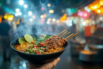 street food, jedzenie uliczne, egzotyczne smaki, Azja, nocny targ, kuchnia świata, kolory, kulinaria, street photography, grillowanie, oświetlenie nocne, świeże składniki, przyprawy, jedzenie w podróż
