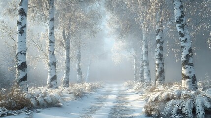 Serene Winter Path: Soft light illuminates a snow covered road winding through a frosty birch forest.. AI Generated