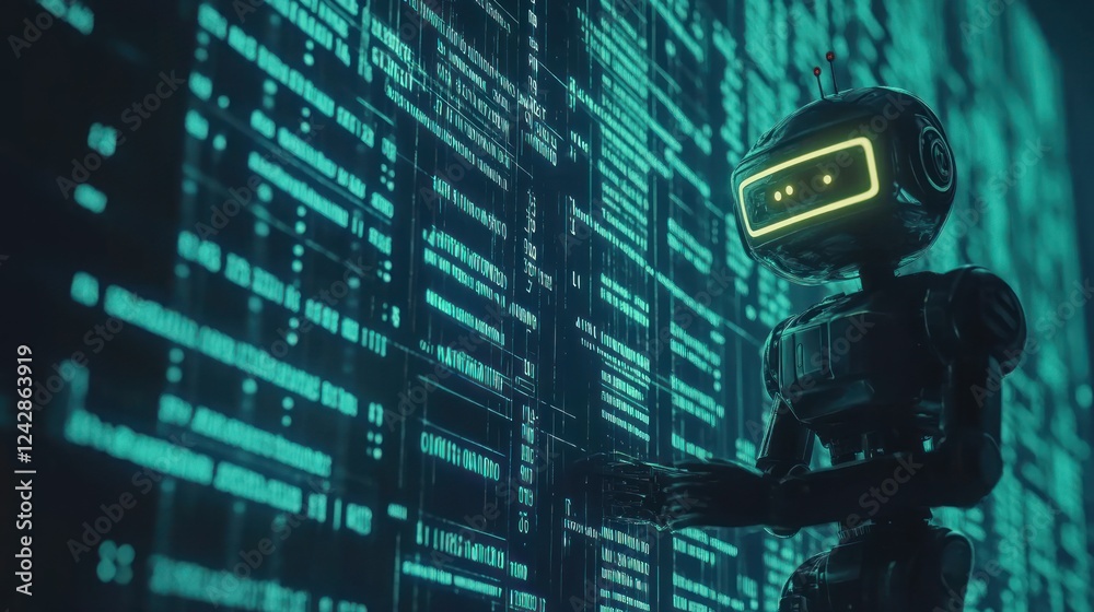 Aufkleber Retro Robot Interacting With Digital Code Interface