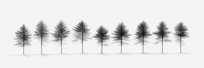 Eight Bare Trees Stand in a Row Against a White Sky