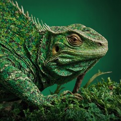 Fototapeta premium A camouflaged lizard against a vivid emerald green background.