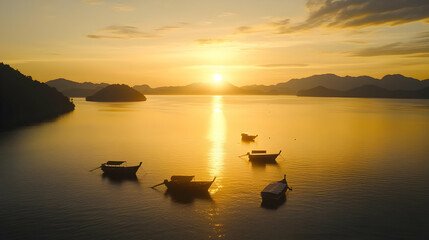 Tranquil Sunset Over Calm Waters with Fishing Boats in Silhouette