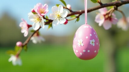 Banner with empty space close-up of a pink Easter egg hanging on a flowering tree against a background of blue sky and green grass, Easter concept