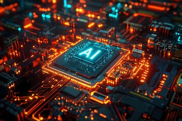 Futuristic AI Processor on Circuit Board with Neon Lighting, Artificial Intelligence Technology Concept, High-Tech Innovation and Advanced Computing