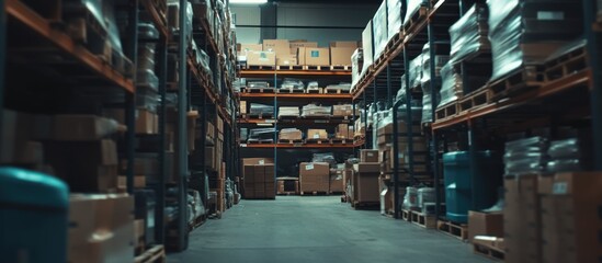 Fototapeta premium Warehouse aisle packed with boxes, inventory storage, logistics background