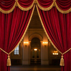 A pair of red velvet stage curtains with gold trim are drawn back to reveal