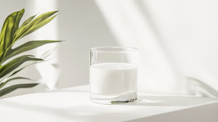 minimalist design featuring glass of milk on white surface with plant. soft shadows create serene atmosphere