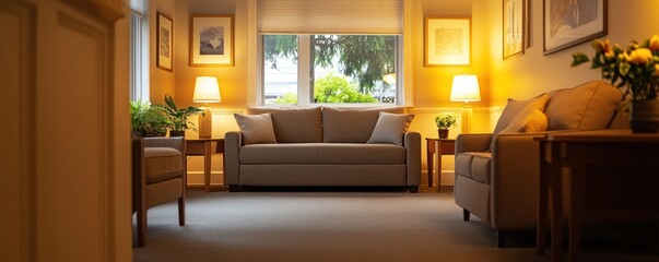 Fototapeta premium Calm evening living room, window view, soft lighting, home decor