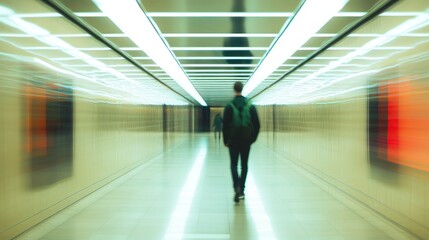 Obraz premium Man walking futuristic airport corridor, blurred art