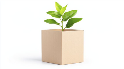Plant growing in cardboard box, symbolizing sustainability and growth