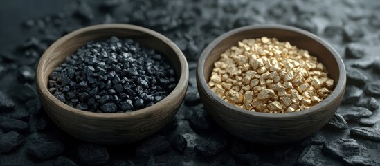 Gold & Coal Bowls on Rocks Wealth Contrast