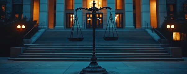 Scales of Justice at Courthouse Night