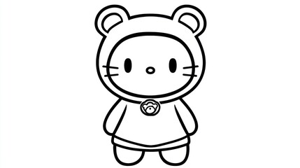 Cute cat cartoon character, winter outfit, white background, coloring page