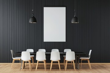 Bright modern meeting room featuring a blank vertical poster space on a black wall, complemented by stylish lighting and contemporary decor