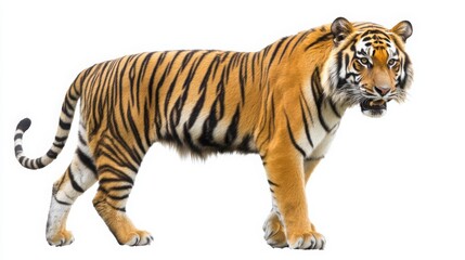 Obraz premium Majestic Bengal Tiger Walking Isolated on White Background