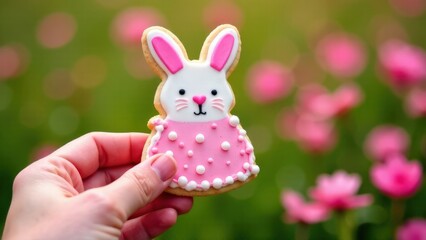 Close-up in hand a gingerbread cookie in the form of a easter bunny with pink and white glaze,  blurred green grass on background