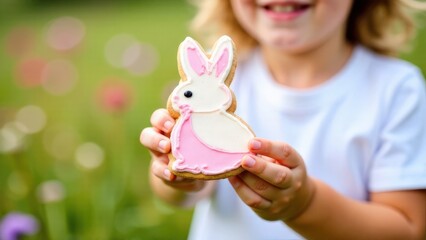 Close-up a happy girl in a white t-shirt holds in hand gingerbread cookie in the form of a easter bunny with pink and white glaze, blurred green grass on background