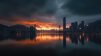 Fototapeta premium Cityscape at Sunset with Bridge and Reflections