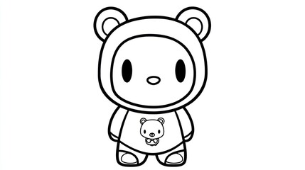 Cute bear cub in onesie, playful pose, white background, coloring page